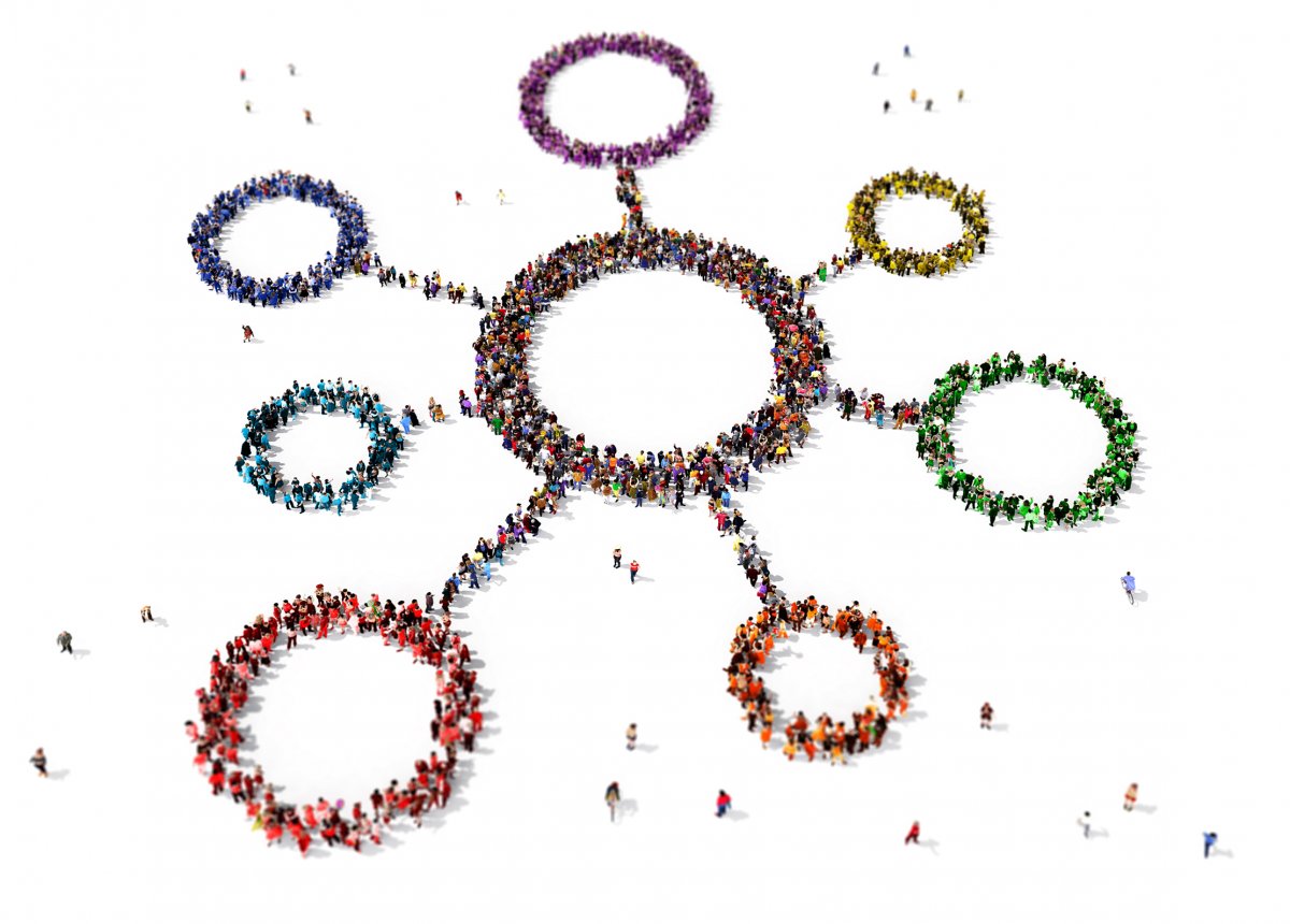 Illustration - People forming circles in different colors, forming a molecyle